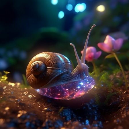 Snail on a background of the night city. 3d renderingの素材