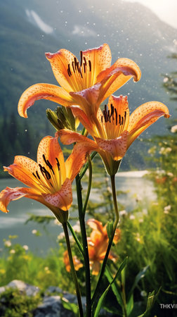 Beautiful orange lily flowers on the background of a mountain lakeの素材