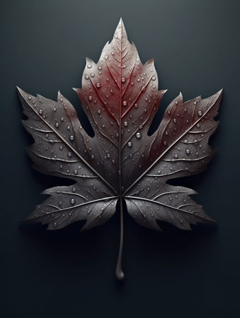 Autumn leaf with water drops on dark background. 3d renderの素材