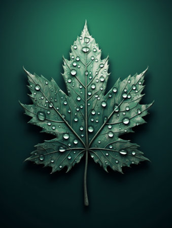 Green maple leaf with water drops on dark green background. Toned.の素材