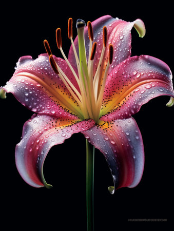 Beautiful lily flower with water drops isolated on black background.の素材