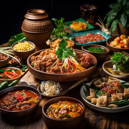 Assorted Chinese dishes in wooden bowls on wooden table. Chinese cuisine.の素材