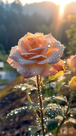 Beautiful orange rose with dew drops on the background of sunriseの素材