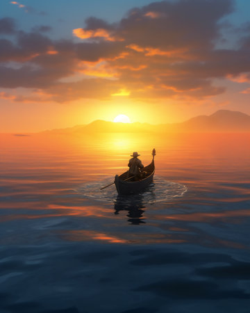 Fisherman in a boat on the sea at sunset. 3d renderの素材