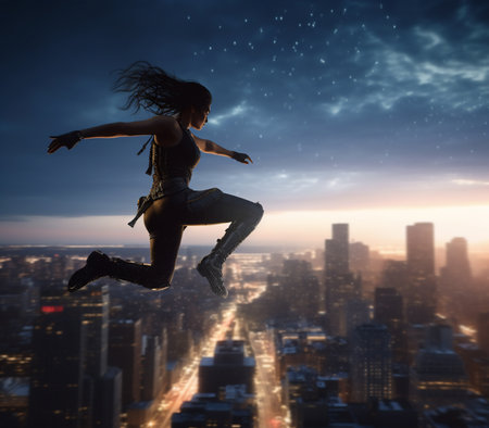 Young woman jumping in the air with a cityscape in the backgroundの素材