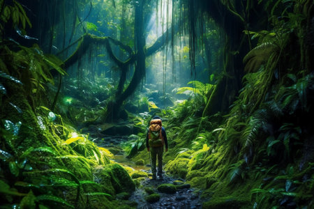 Hiker in the rainforest with a backpack and a beautiful view generative AIの素材