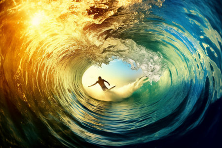 Surfer in ocean with big wave. Mixed media. Mixed media generative AIの素材