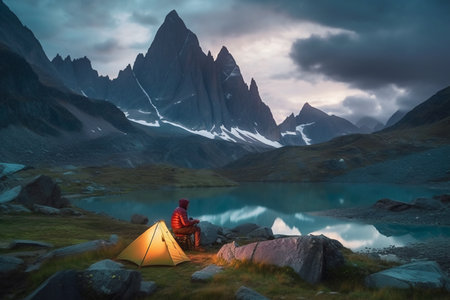 Camping in the mountains with a tent and a beautiful view of the mountains. generative AIの素材