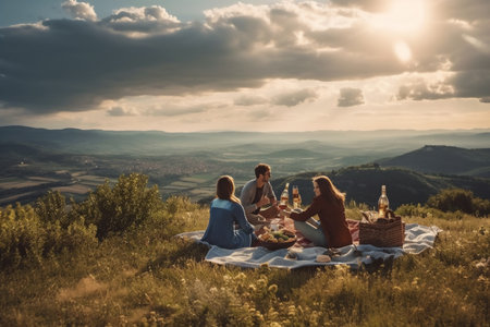 Group of friends having picnic in the mountains at sunset. They are sitting on a blanket and drinking wine. generative AIの素材