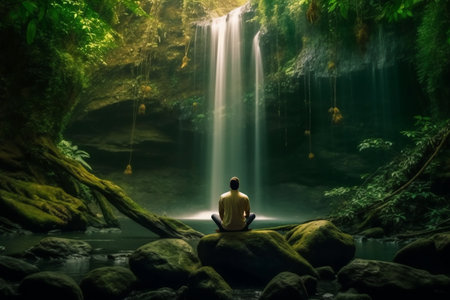 Man meditating in front of waterfall in deep rain forest, generative AIの素材
