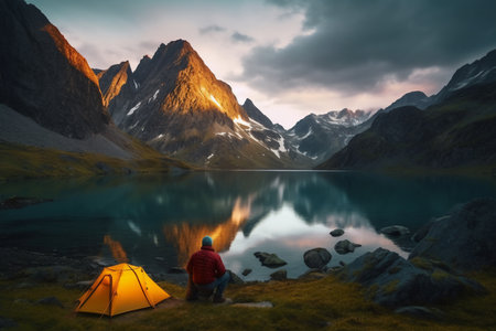 Camping on the shore of a mountain lake in the summer. generative AIの素材