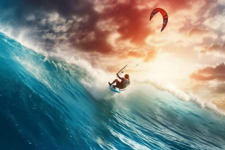 Surfer on the ocean wave at sunset. 3d render illustration generative AIの素材