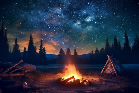 Night camping in the mountains, bonfire and night sky with stars generative AIの素材