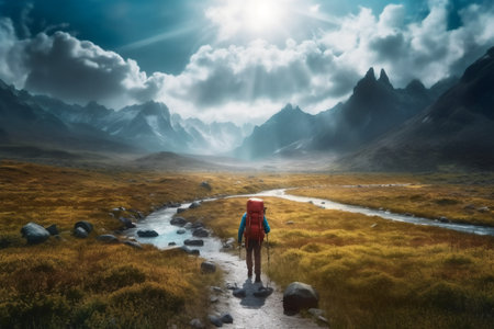 Hiker with a big backpack standing on a trail in the mountains generative AIの素材