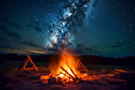 Beautiful night landscape with bonfire in the forest and stars in the sky generative AIの素材