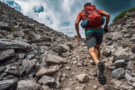 Hiker walking on mountain trail with backpack and trekking equipment. generative AIの素材