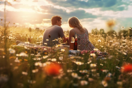 Couple in love sitting in a field of daisies. generative AIの素材