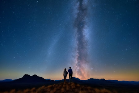 Silhouette of a couple looking at the milky way in the mountains. generative AIの素材