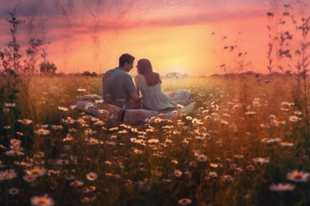 Romantic couple in love sitting on the grass with daisies at sunset generative AIの素材