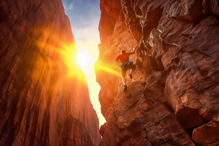 Rock climber climbs a challenging route on a rocky wall in the desert. generative AIの素材