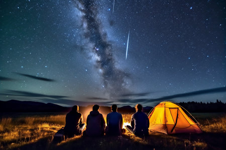Group of people sitting around campfire and watching the milky way generative AIの素材