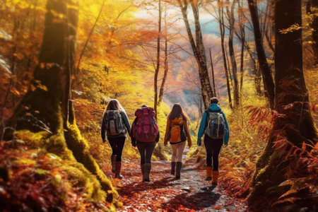 Group of hikers walking in autumn forest. Travel and active lifestyle concept generative AIの素材