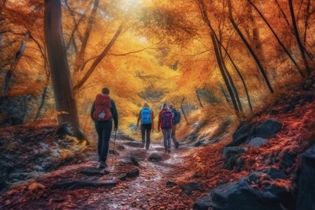 A group of hikers walking through the autumn forest. Autumn season. generative AIの素材