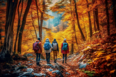 Group of hikers with backpacks walking in the autumn forest. Fall season. generative AIの素材