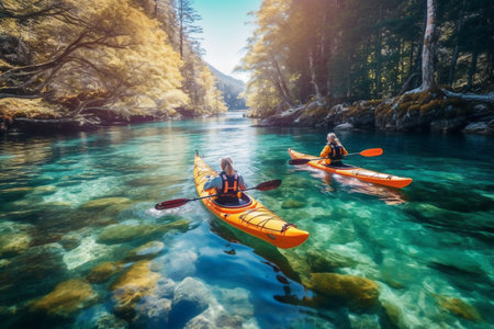 Man and woman kayaking in a picturesque river in the forest. generative AIの素材