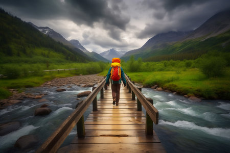 Hiking woman with backpack crossing wooden bridge over mountain river in summer generative AIの素材