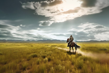 Cowboy riding on horseback in the steppe at sunset. generative AIの素材