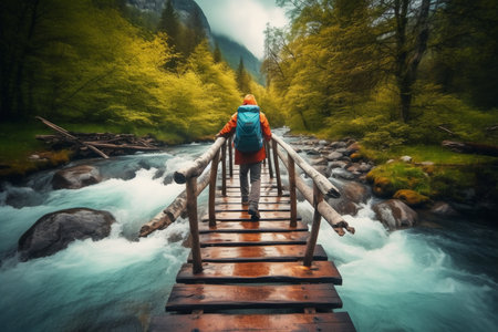 Woman walking on wooden bridge over mountain river in autumn forest. Travel and adventure concept generative AIの素材
