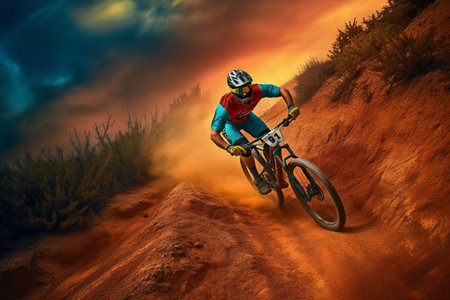 Cyclist Riding the Mountain Bike on the Rocky Trail. Extreme Sport Concept. generative AIの素材