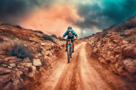 Cyclist Riding the Mountain Bike on the Dirt Road. Extreme Sport Concept. generative AIの素材