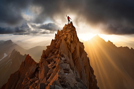 Hiker on top of a mountain with clouds and sun in the background generative AIの素材