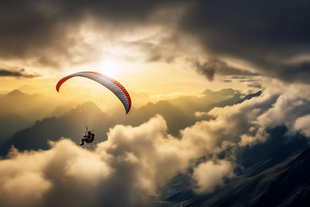 Paraglider flying over the clouds at sunset. Extreme sport concept generative AIの素材