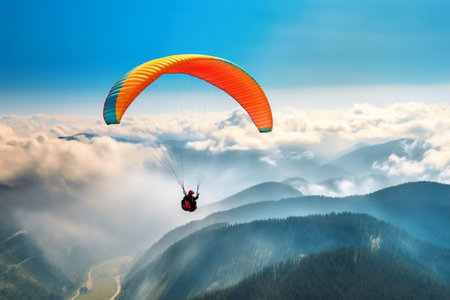 Paraglider flying in the sky over the mountains. 3d rendering generative AIの素材