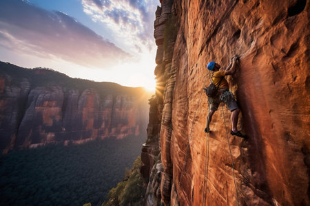 Young male climber climbing on a steep wall in the mountains at sunset. generative AIの素材