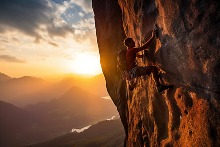 male climber climbs on a rocky wall in the mountains at sunset generative AIの素材