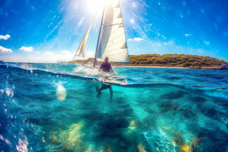 Sailing yacht in the blue sea. A man on a sailboat. generative AIの素材