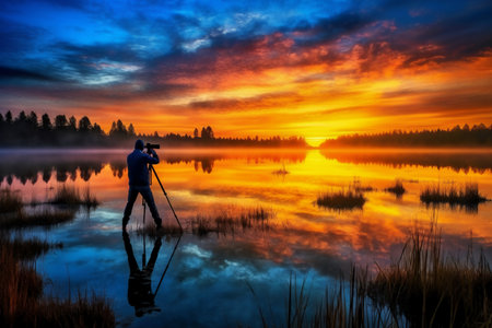 Silhouette of photographer with camera taking photo of beautiful sunrise on lake generative AIの素材