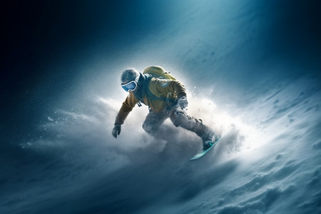 Snowboarder jumping high in sky. Mixed media. Mixed media generative AIの素材