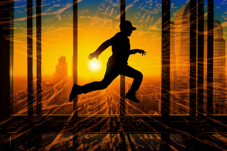 Silhouette of a man running in the office at sunset. generative AIの素材