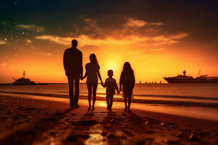 Silhouette of a family on the beach at sunset time. generative AIの素材