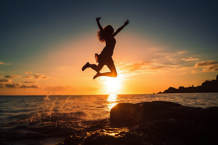 Silhouette of happy young woman jumping on the beach at sunset generative AIの素材