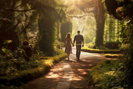 Couple walking in the botanical garden at sunset. Man and woman holding hands generative AIの素材