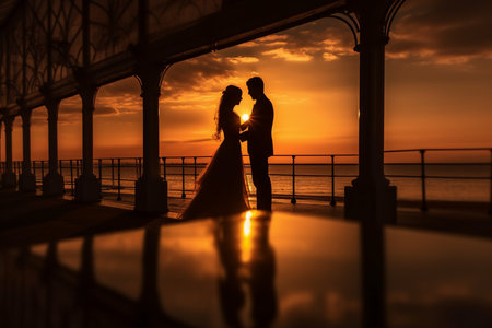 Silhouette of a bride and groom on the pier at sunset generative AIの素材