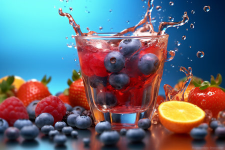 Fruit and berries in a glass of water on a blue background generative AIの素材
