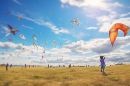 Little boy flying a kite in the sky on a sunny day generative AIの素材