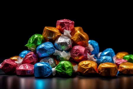 Assorted chocolate candies in colorful wrappers on black background. generative AIの素材